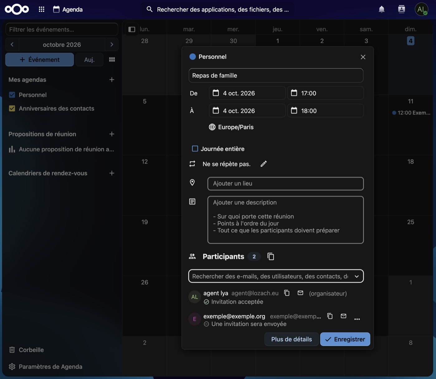 Fenêtre d'un nouvel événement dans Nextcloud Agenda, avec un participant ajouté