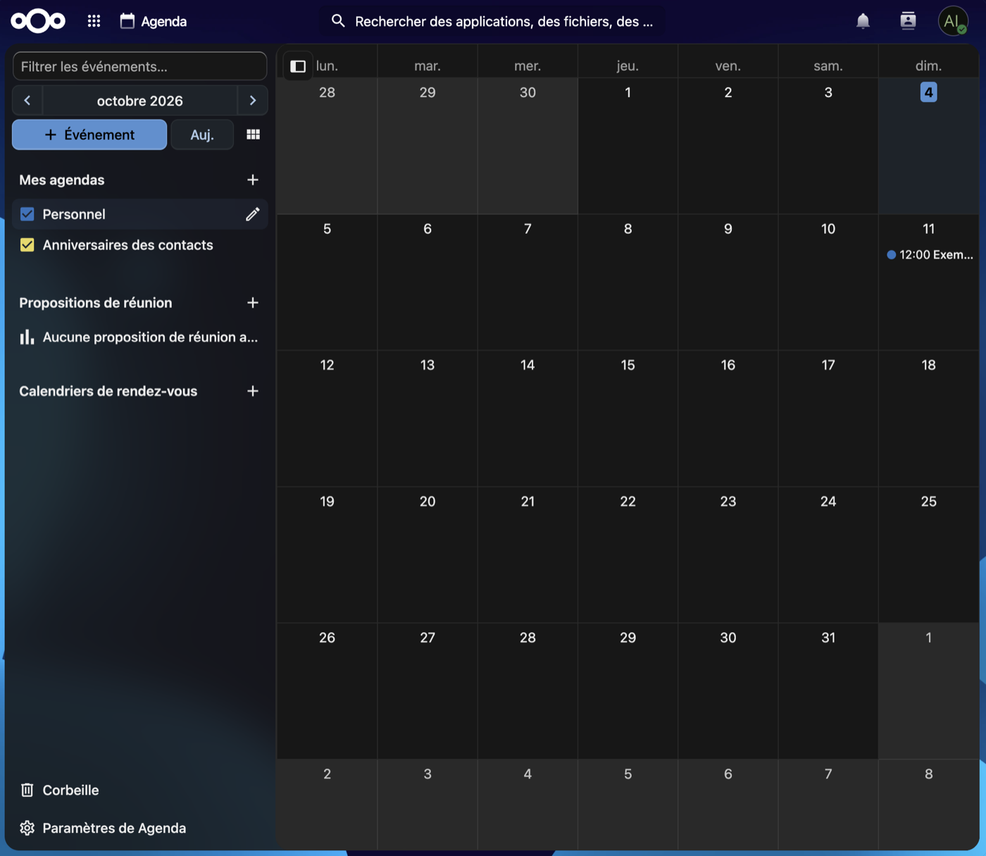 Liste Mes agendas dans Nextcloud Agenda, avec le crayon à côté de l'agenda Personnel