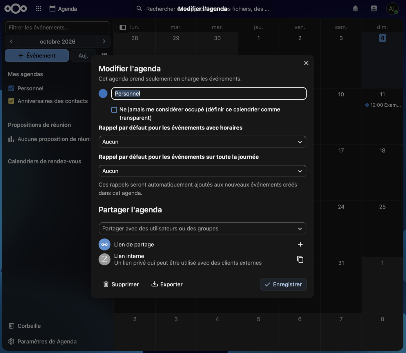 Fenêtre Modifier l'agenda, avec la partie Partager l'agenda en bas