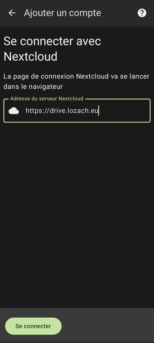 Écran Se connecter avec Nextcloud de DAVx⁵, adresse https://drive.lozach.eu remplie