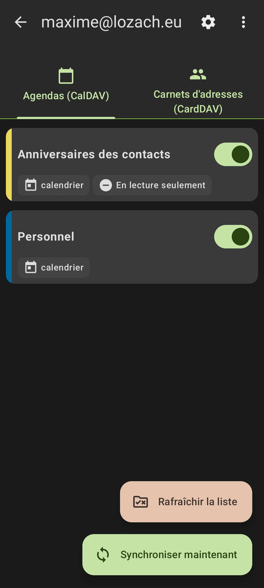 Onglet Agendas (CalDAV) de DAVx⁵ avec les agendas activés