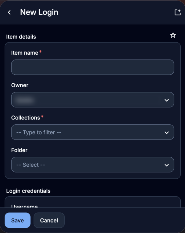 Formulaire Nouvel identifiant de l'extension Bitwarden, en haut