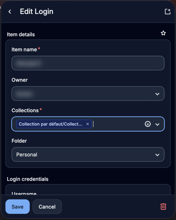 Modification d'un identifiant Bitwarden, avec le propriétaire et la collection