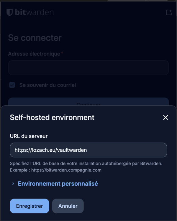 Fenêtre d'environnement auto-hébergé de Bitwarden, URL du serveur https://lozach.eu/vaultwarden
