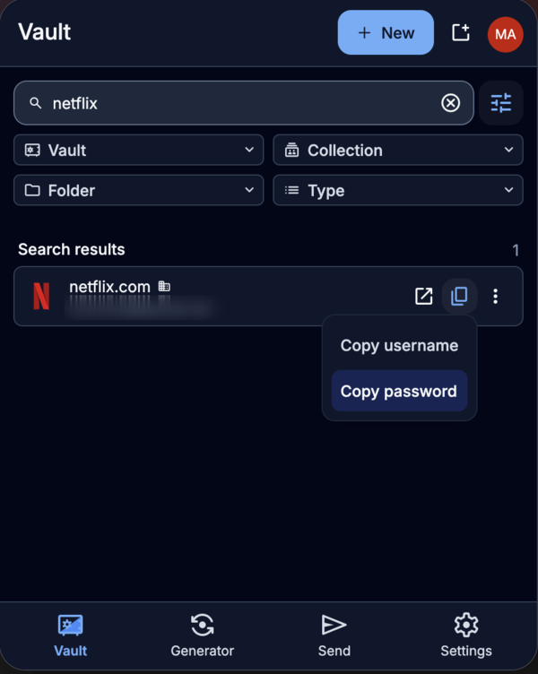 Coffre Bitwarden avec une recherche et le menu de copie ouvert