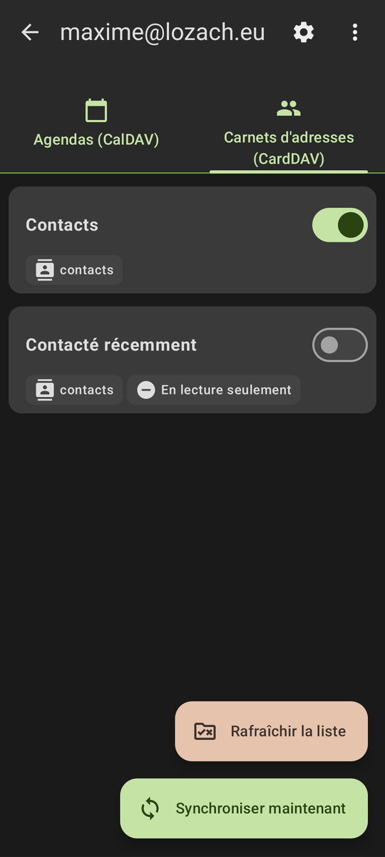 Onglet Carnets d'adresses (CardDAV) de DAVx⁵ avec Contacts activé