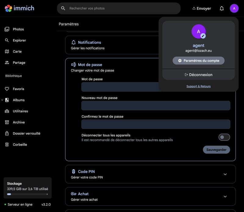 Menu du compte d'Immich ouvert, avec Paramètres du compte