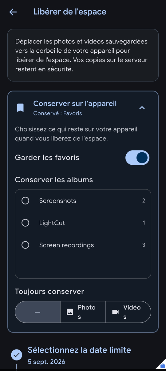 Écran Libérer de l'espace d'Immich, avec Garder les favoris et Conserver les albums