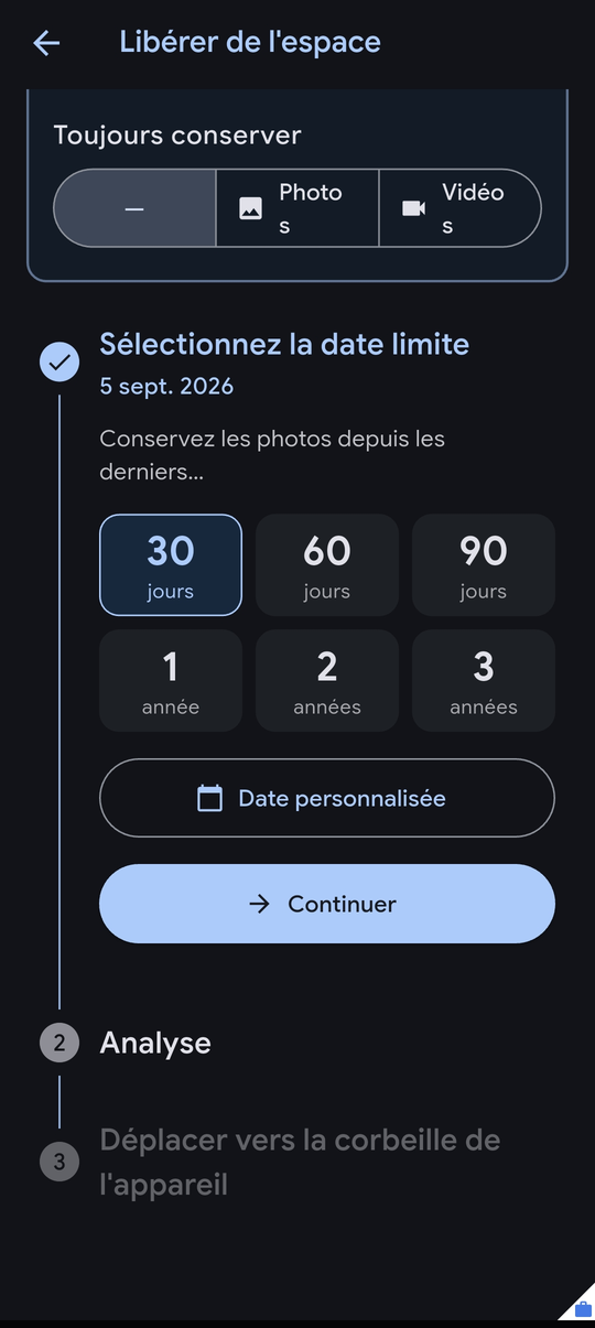 Étape Sélectionnez la date limite d'Immich, avec 30 jours choisi et le bouton Continuer