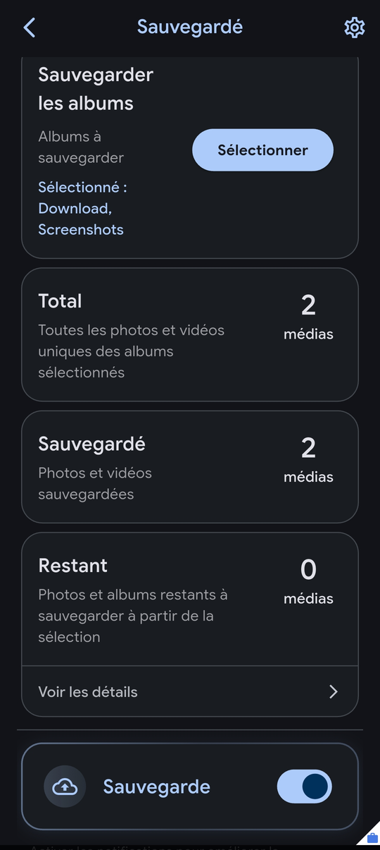 Écran de sauvegarde d'Immich, albums choisis et interrupteur Sauvegarde activé