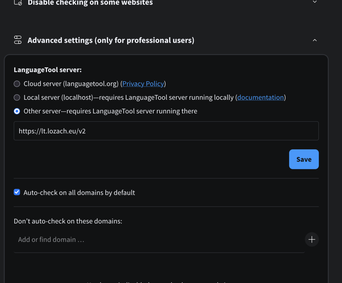Réglages avancés de l'extension LanguageTool, Other server choisi avec https://lt.lozach.eu/v2