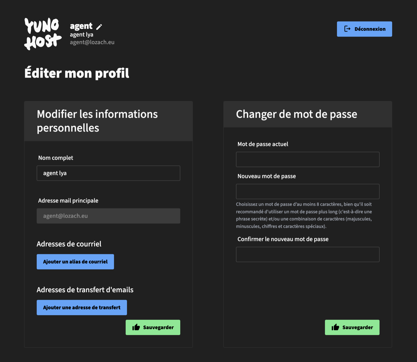 Page Éditer mon profil du portail, avec la partie Changer de mot de passe à droite