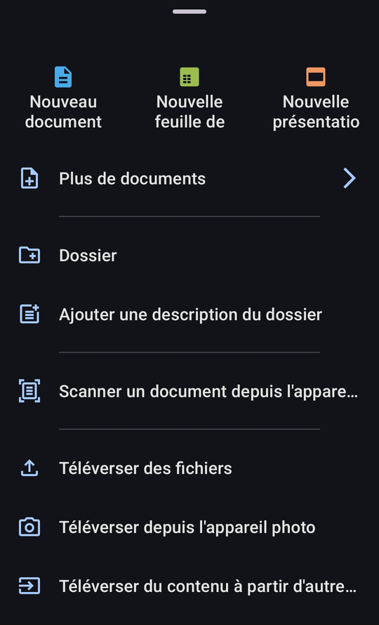 Menu du bouton + de l'appli Nextcloud, avec Téléverser des fichiers