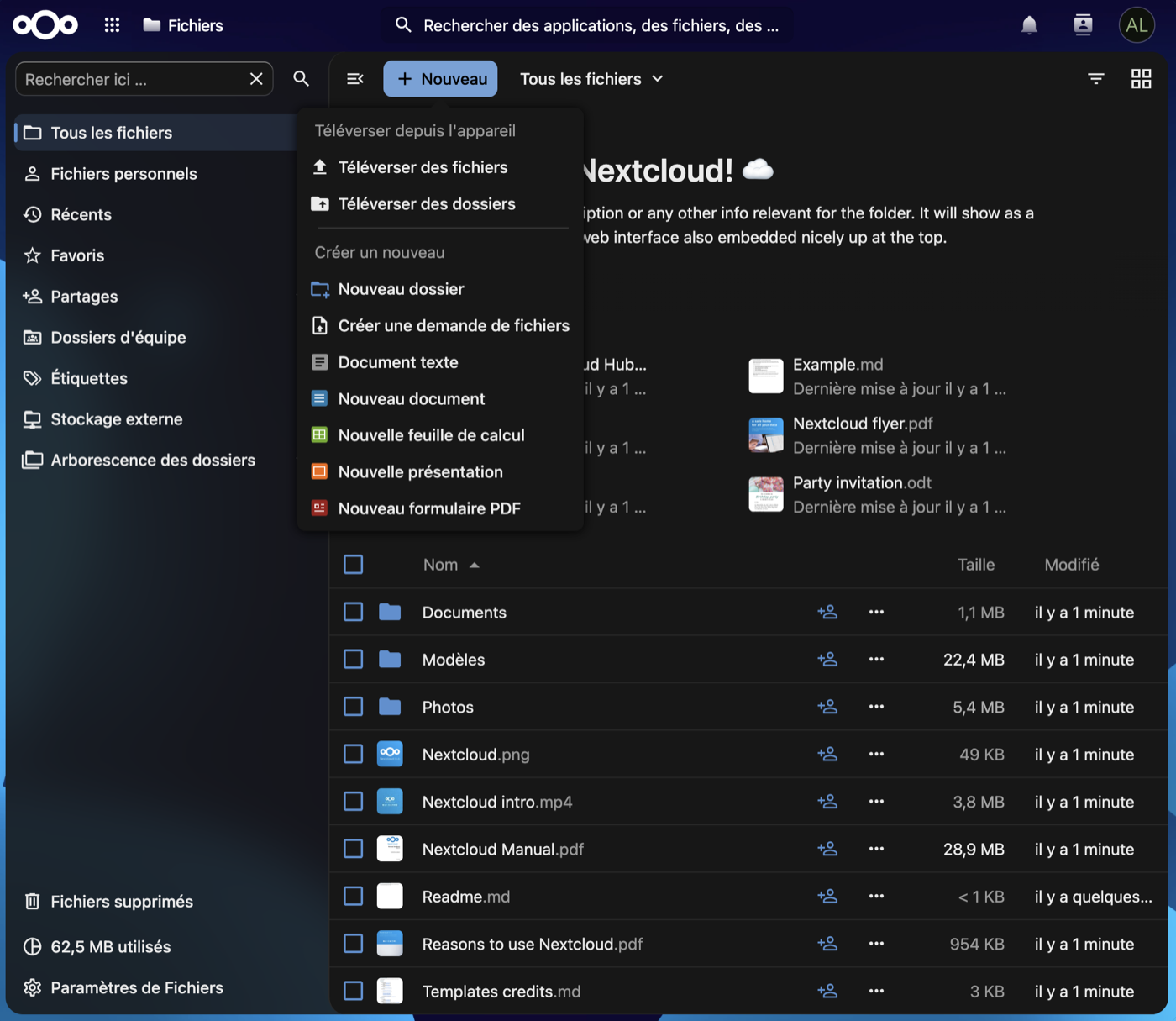 Menu Nouveau de Nextcloud ouvert, avec Téléverser des fichiers en haut