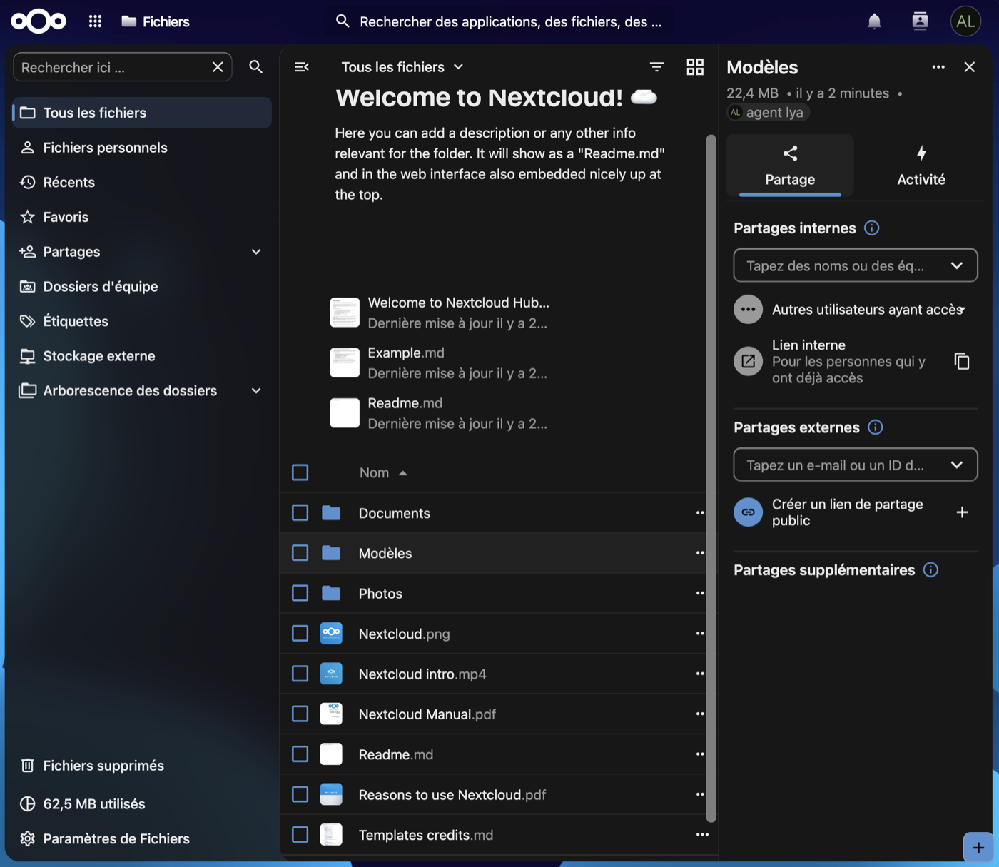 Panneau Partage de Nextcloud ouvert à droite, avec Partages internes et Partages externes