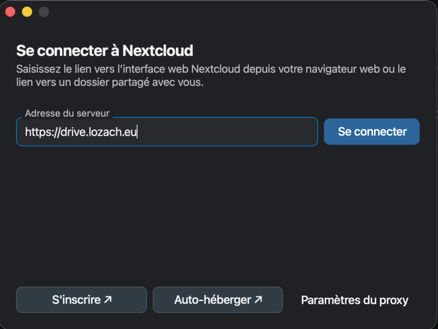 Fenêtre Se connecter à Nextcloud du logiciel, Adresse du serveur remplie