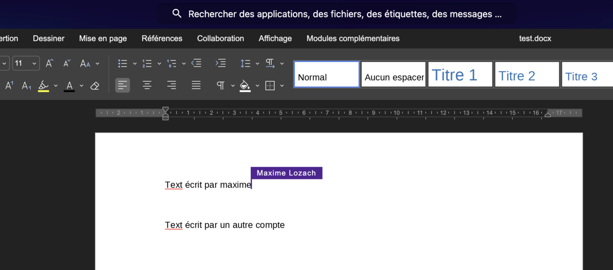 Document OnlyOffice ouvert à deux, avec le nom de l'autre personne au-dessus de son curseur