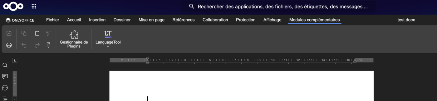 Onglet Modules complémentaires d'OnlyOffice avec l'icône LanguageTool